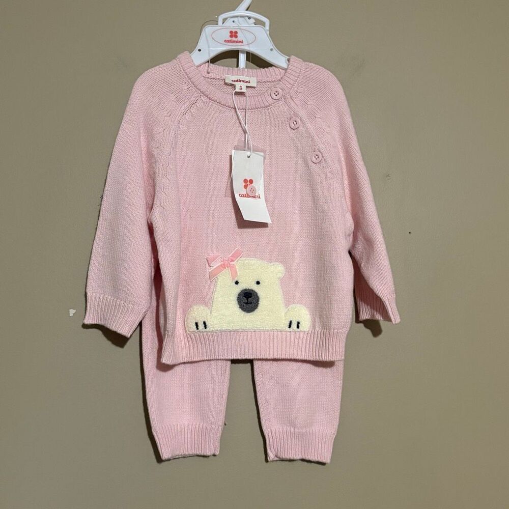 Catimini Baby Girl Pink Polar Bear Bow Sweater Pant Matching 2 Piece Set 3 Month